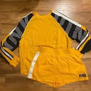 VS PINK Black & Yellow Matching Crewneck & Track Shorts Set
